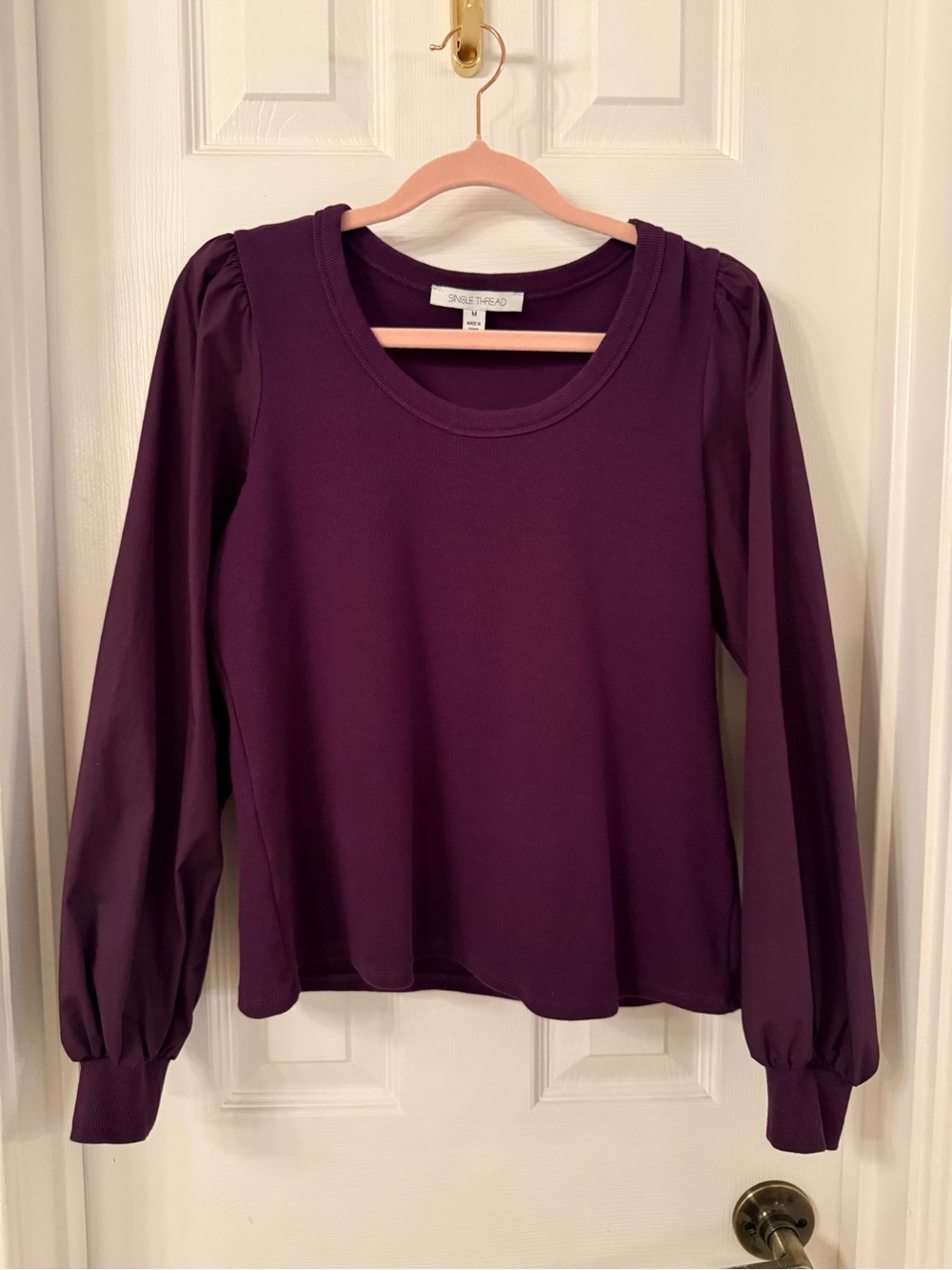 Single Thread Plum Mixed Media Puff Sleeve Scoop Neck Top Medium